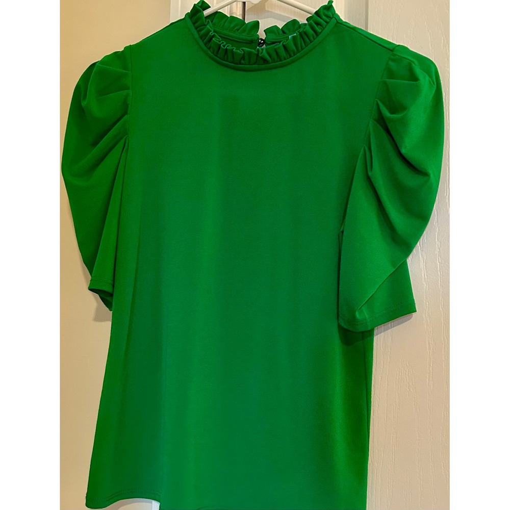 CeCe‎ Womens Green Ruffle Mock Neck Puff Sleeve Pleated Blouse Top Size XS